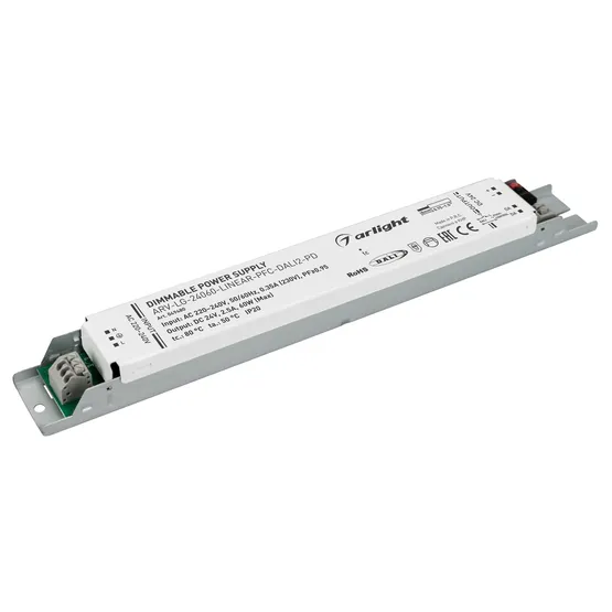 Фото товара Блок питания ARV-LG-24060-LINEAR-PFC-DALI2-PD (24V, 2.5A, 60W) (Arlight, IP20 Металл, 5 лет)