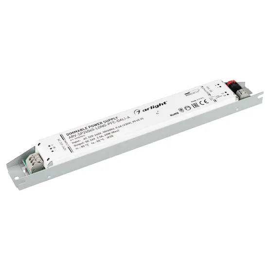 Фото #1 товара Блок питания ARV-SP24060-LONG-PFC-DALI-A (24V, 2.5A, 60W) (Arlight, IP20 Металл, 5 лет)