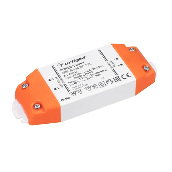 Фото товара Блок питания ARV-SP-24030-PFC (24V, 1.25A, 30W) (Arlight, IP20 Пластик, 5 лет)