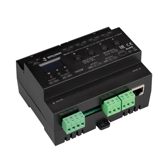 Фото товара INTELLIGENT ARLIGHT Релейный модуль DALI-SWITCH-708-82-4G-D2-DRO-RDM-DIN Black (230V, 4x10A, DMX512) (IARL, IP20 Пластик, 5 лет)